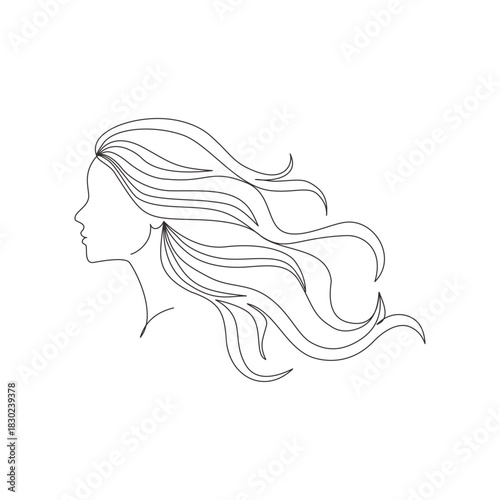 Continous line art woman side profile with voluminous long wavy hair, elegant and clean beauty