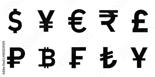 Set of four major currency symbols: Dollar, Euro, Pound Sterling, and Yen/Yuan, depicted as black icons in circles, representing global finance, banking, international trade, and money