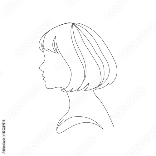 Continous line art woman  side view with short gentle waves, minimal feminine hair outline