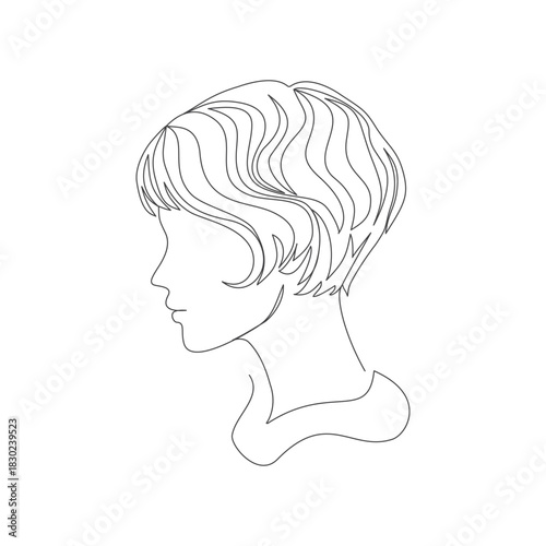 Continous line art woman  side profile with short pixie-like wavy texture