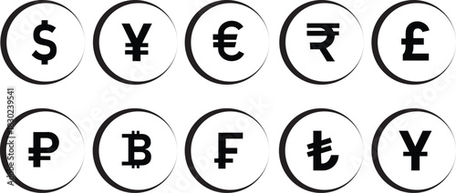 Set of four major currency symbols: Dollar, Euro, Pound Sterling, and Yen/Yuan, depicted as black icons in circles, representing global finance, banking, international trade, and money
