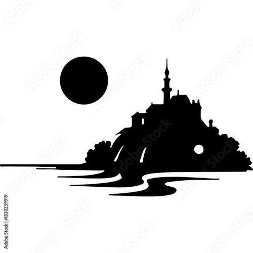 Mountain cliff with a castle on top against the backdrop of the setting sun. Engraving minimalistic vector in black ink drawing on transparent background