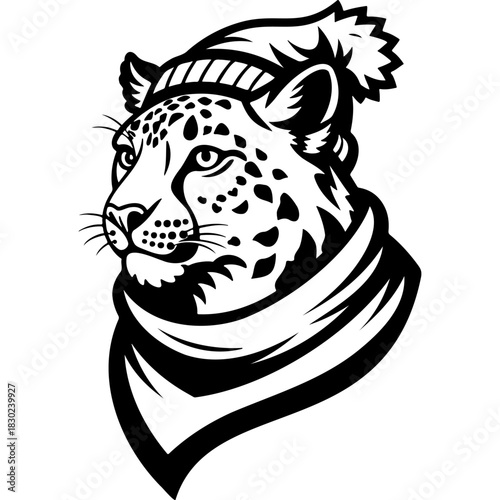 Portrait of jaguar dressed in warm scarf and hat, winter clothes. Engraving minimalistic vector in black ink drawing on transparent background