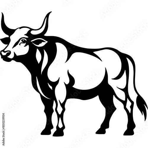 Sketchy emblem of a powerful muscular bull with large horns. Engraving minimalistic vector in black ink drawing on transparent background
