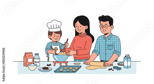 Joyful family bonding over homemade cookies parents and child happily baking sweet treats together in a cozy kitchen, creating cherished memories through shared culinary fun