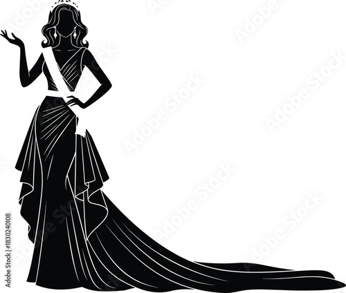 Beautiful Beauty Pageant Winner Silhouette, Miss Contestant in Crown and Evening Gown with Sash, Glamorous Fashion Model in Elegant Dress Vector Illustration, Queen of the Competition.