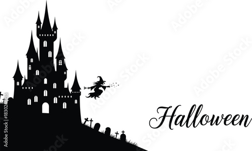 Black Silhouette of Spooky Haunted Halloween Castle with Witch Flying on Broomstick, Set on a Hill with Scary Cemetery Graves, Minimalistic Vector Illustration.