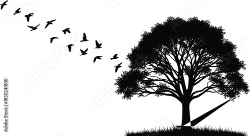 Black Tree Silhouette with Flying Birds Vector Graphic, Flock of Birds Leaving Large Deciduous Tree, Nature and Movement, Isolated Design Element, Freedom and Spring Concept, Stock Illustration
