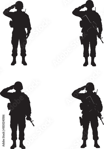Silhouette of soldiers saluting with rifles in honor and respect