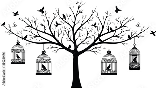 Conceptual Vector Illustration, Tree Silhouette with Hanging Bird Cages, Black and White Graphic, Birds Flying and Trapped, Freedom and Captivity Theme, Isolated Stock Image