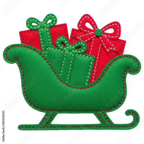 Felt christmas sleigh full of stitched gift boxes and presents decoration on transparent background