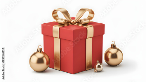 Elegant red gift box tied with a golden bow surrounded by shimmering golden ornaments, perfect for festive holiday greetings and seasonal promotions