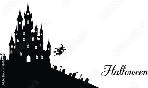 Large Black Silhouette of a Gothic Spooky Castle and a Witch Flying Past, Set on a Creepy Graveyard Hill, Perfect for Halloween Party Vector Background.