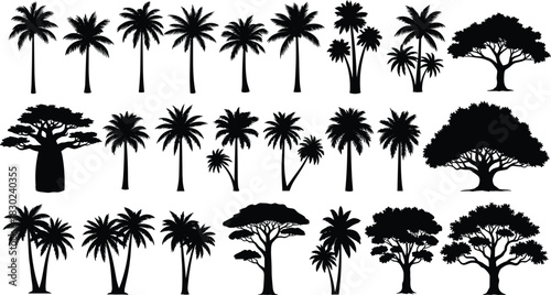 Extensive Tropical Tree Silhouettes Vector Set, Diverse Palm, Baobab, and Savanna Acacia Trees, Exotic Nature Collection, Detailed Foliage Shapes, Isolated Forest Elements, 