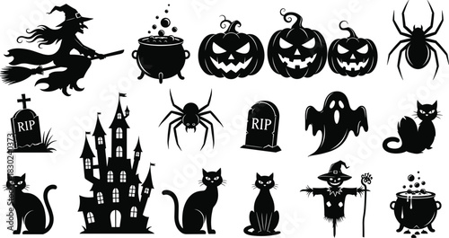Large Collection of Black Halloween Silhouettes including Witches, Pumpkins, Haunted Castle, Black Cats, Spiders, Cauldron, Ghost, Scarecrow, and Graveyard Elements Vector Set.