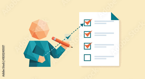 Geometric figure representing a person actively checking items off a list on a document using a pencil, signifying task management
