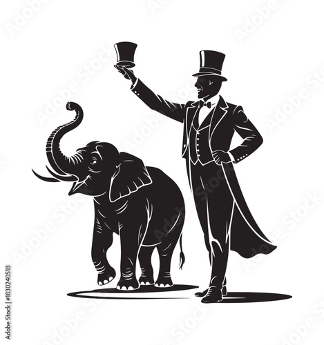 Vintage Circus Ringmaster and Elephant Silhouette Art.