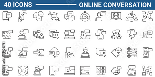 Online conversation line icon set. Includes chatting, discussion, conversation, dialogue, forum, and group. Editable stroke. Vector illustration