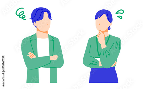 困っている表情のビジネスパーソンの男女2人のイラスト。フラットデザイン。