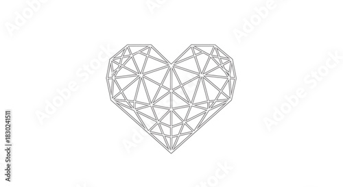 Minimalist polygonal heart shape created from a gray wireframe grid, representing the complex structure of digital love and futuristic connection