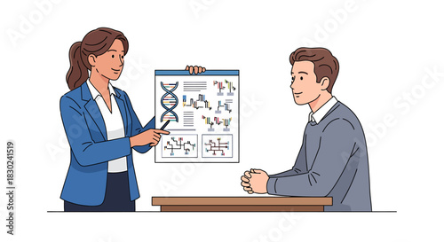 Genetic Presentation Woman Explaining DNA Structures to a Young Man at a Table, Vector Illustration