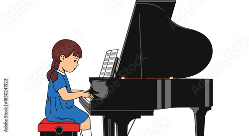 Young Girl Playing the Piano A Simple Illustration of Music and Skill for Education and Art