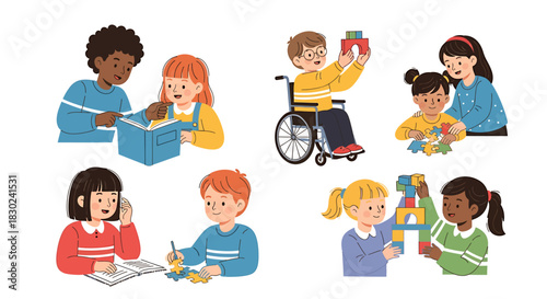 Diverse group of children engaging in educational play and learning activities together