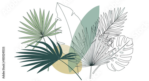 Abstract botanical illustration featuring various tropical leaves in soft green and yellow hues