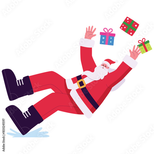 Santa Clause CharacterSanta slips on ice and drops colorful gifts, playful holiday scene with motion and humor for winter promotions and greeting designs. Isolated on background