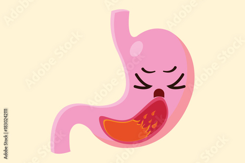 Crying stomach illustration showing burning acid reflux and digestive discomfort in a cute cartoon style