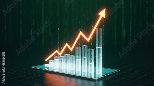 A glowing bar graph with an arrow pointing upwards, displayed on a reflective surface against a green background.
