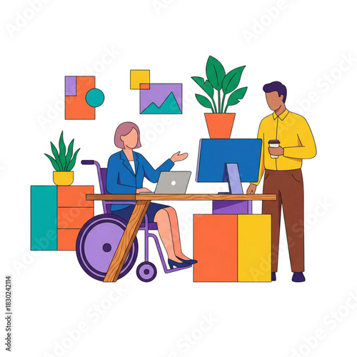 Business professionals collaborating in an office setting with a focus on inclusivity and accessibility