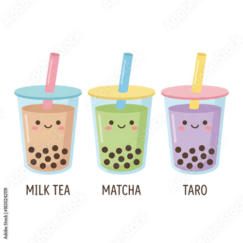 Cute kawaii milk tea, matcha, and taro drinks with smiling faces, perfect for cafe menus and recipe illustrations