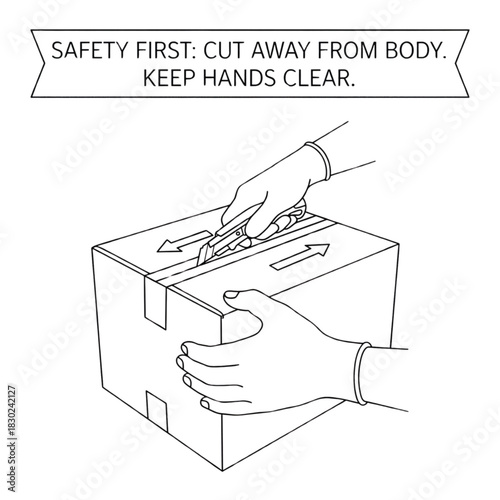 Safety instructions on how to open a box with a utility knife, keeping hands clear and away from the cutting edge