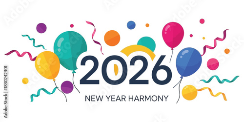 Vibrant 2026 New Year celebration graphic, featuring colorful balloons, festive confetti, and flowing streamers, symbolizing a joyful and harmonious beginning