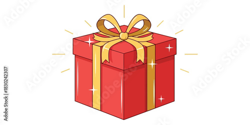 An elegant illustration of a sparkling red gift box with a gold ribbon and bow, representing a surprise present for a birthday, anniversary, or holiday celebration