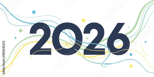 Elegant Year 2026 Text Overlay with Colorful Wavy Lines and Bubbles