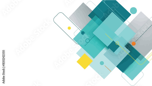 Abstract geometric background with overlapping squares and rectangles in teal, white, and yellow colors