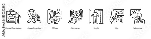 Comprehensive Health Screening web banner icon vector illustration featuring Physical Examination, Cancer Screening, CT Scan, Colonoscopy, Height, Usg, and Spirometry for complete medical evaluation.