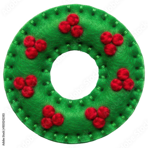 Cute handmade felt christmas wreath decoration with red berries on transparent background