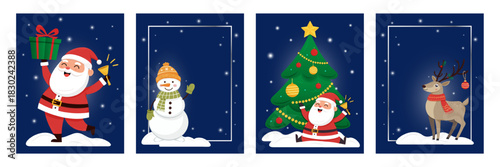 Christmas greeting cards featuring Santa Claus, snowmen, Christmas trees, and reindeer, with space for text