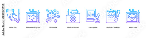 Diagnostic and Vital Tracking web banner with Urine Test, Electrocardiogram, Chlamydia, Medical History, Prescription, Medical Check Up, and Heart Rate to support active health monitoring.