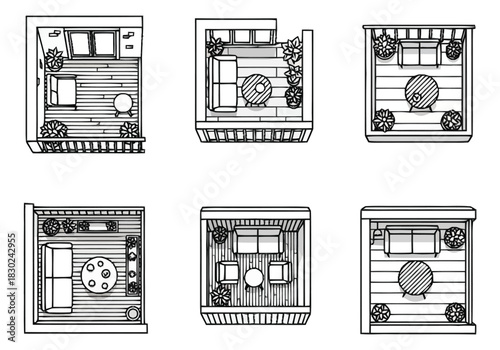 Balcony Design Ideas Top Down View of Modern Outdoor Living Spaces furniture icons interior design architecture