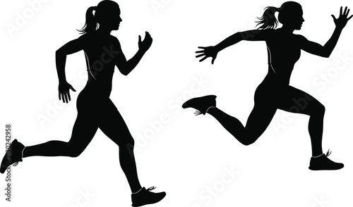 Monochrome vector silhouette of two fit women running, sprinting, or jogging, illustrating fitness, sport, marathon, training, speed, competition, and healthy lifestyle concepts.