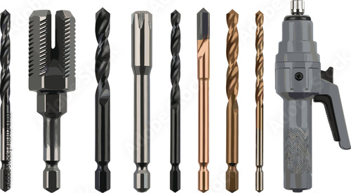 Professional set of various metallic drill bits, including twist drills and screw extractor tool, high-quality 