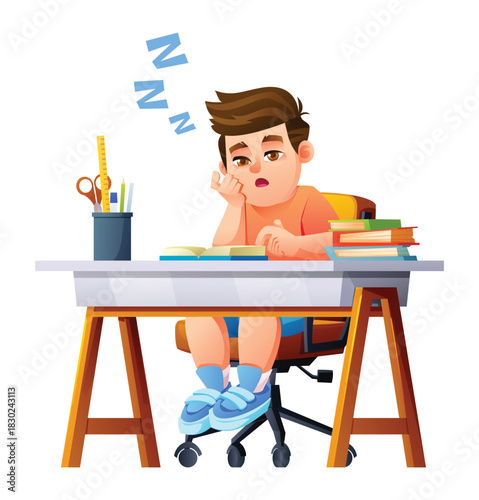 Tired schoolboy student yawning at desk, little male character reading book, lack of sleep or boring lesson. Vector cartoon illustration