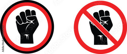 Raised fist silhouette in red circle and no violence prohibition sign, vector illustration of strength symbol and ban on fighting, isolated on white background