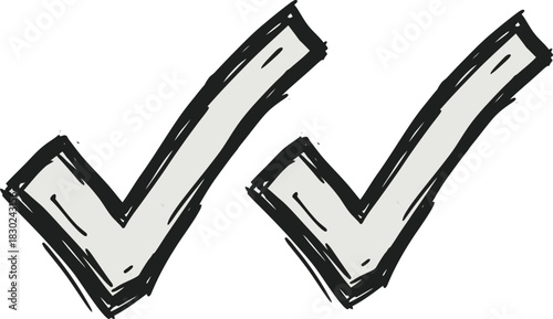 Two hand drawn sketch style check marks or tick marks in black outline on a white background, representing approval or confirmation