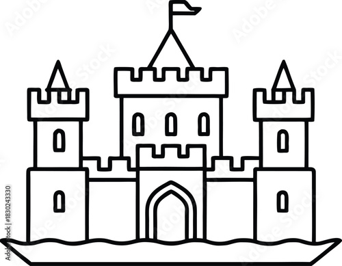 Irish Castle line art medieval stone fortress with flag and water