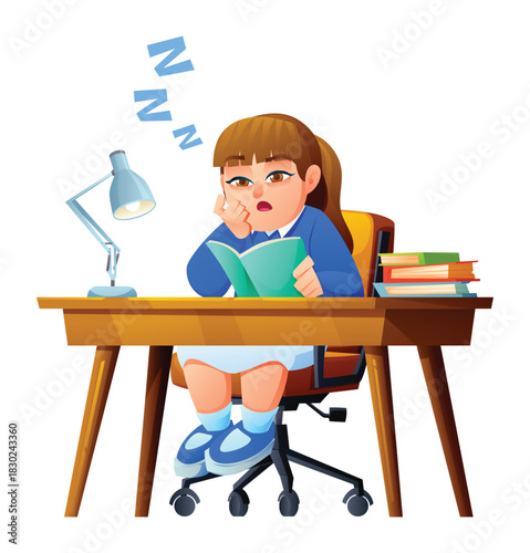 Little schoolgirl student yawning at desk, tired female character holding book, lack of sleep. Vector cartoon illustration